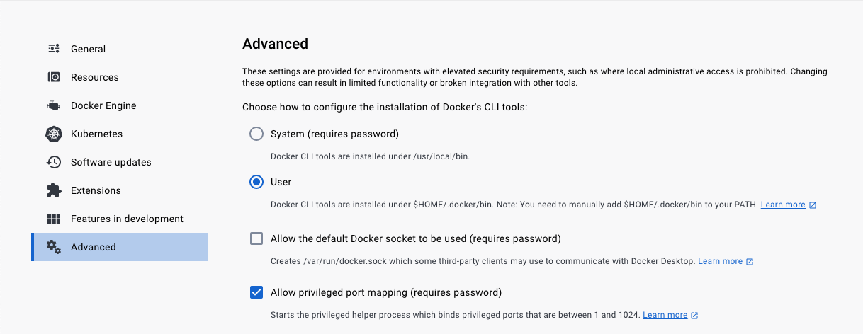 Screenshot of settings page in Docker for Mac. Advanced tab selected. Content shows the setting referenced above.