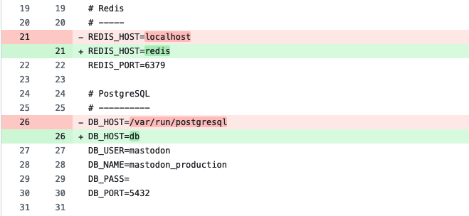A screenshot of a diff on github. It shows the changes to postgres and redis host values. DB_HOST changed from '/var/run/postgresql' to 'db'. REDIS_HOST changed from 'localhost' to 'redis'.
