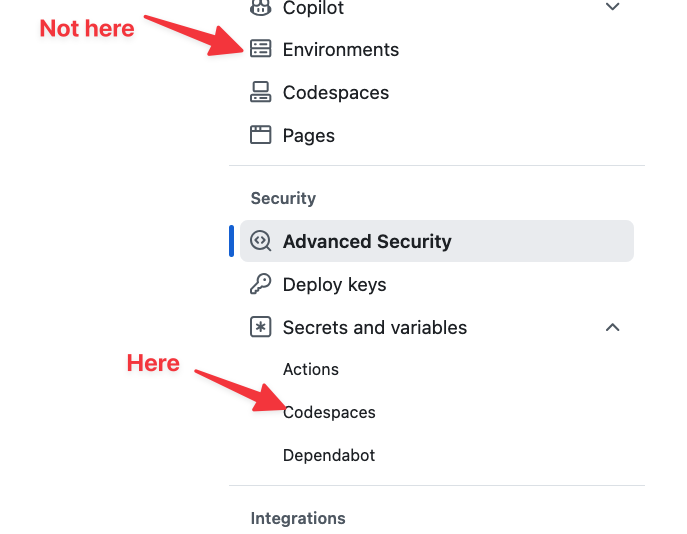 A screenshot of the settings menu for a github repository. The screenshot is annotated with arrows. One arrow indicates that the secrets do not go under the 'Environments' menu item. It says 'Not here'. Another arrow says 'Here'. It indicates that the right menu item is under 'Advanced Security > codespaces'