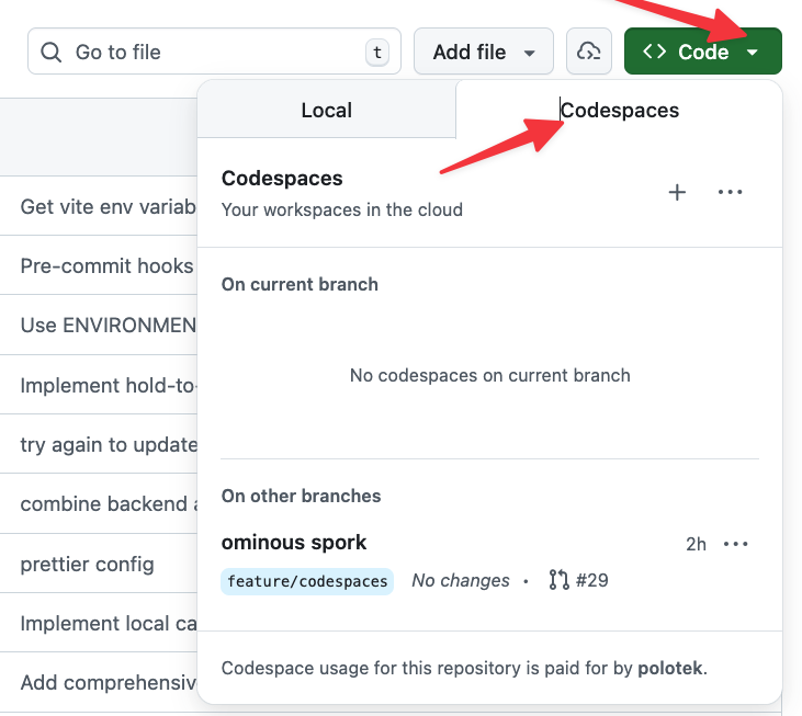 A screenshot of a github repository page. It focuses on the big green button in the top right of every repo that says 'Code'. The screenshot is annotated with arrows. One arrow indicates the arrow on the 'Code' button that opens a menu. Another arrow points to the resulting popup menu and focuses on the tab that says 'Codespaces'.
